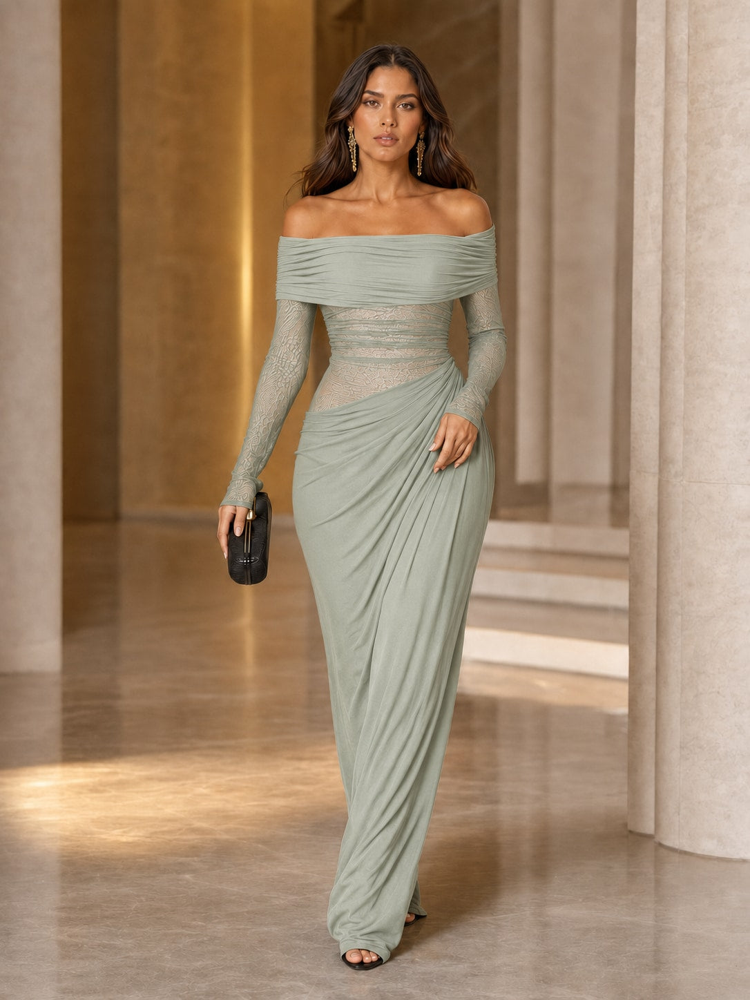 Green Off-Shoulder Ruched Long-Sleeve Maxi Dress for Formal Events